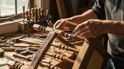 Skilled carpenter hand carving wood with chisel crafting furniture detail in workshop with sunlight