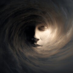 Fototapeta premium surreal vector of calm face emerging from dark storm vortex, symbolizing mental resilience and emotional depth, cinematic rim light, smooth gradient tones, v7 realism 