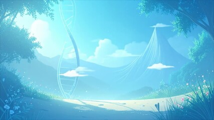 Abstract illustration of a dna strand in a natural setting with mountains and trees day time