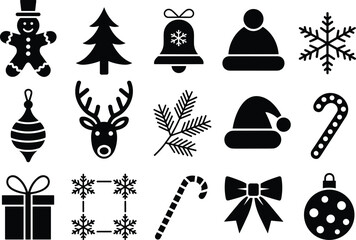 christmas, holiday, festive, silhouette, illustration, vector, design, decoration, ornament, santa, tree, snowflake, reindeer, candy, gift, bell, hat, gingerbread, bow, pine, season