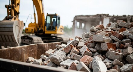Fototapeta premium Yellow excavator demolishing building and creating rubble pile