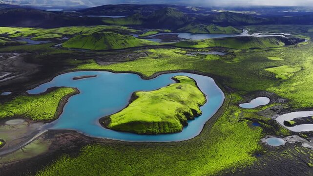 Drone pans in daylight over Iceland highlands, turquoise crater lake and moss island amid black lava fields, rhyolite like slopes, ponds, cones, and drifting cloud shadows.