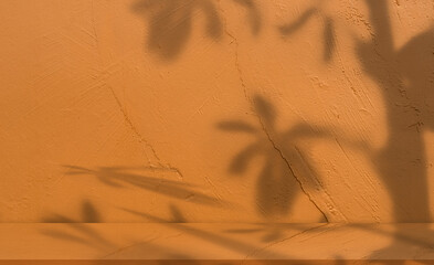 Autumn Background with Orange,Yellow Color.Studio Room with Shadow Leaves on Wall and Floor.Podium...