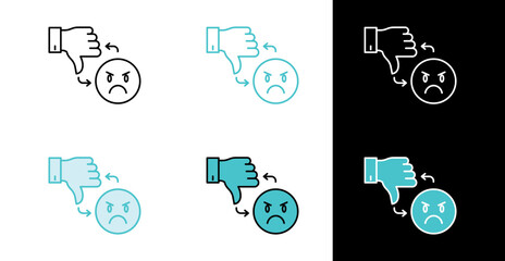 Thumbs down with angry face icon for negative feedback and disapproval in line and fill style