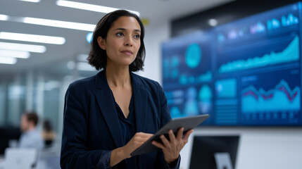 Modern corporate control center where a professional businesswoman presents analytical data on a large digital display wall. The Hispanic female data scientist, dressed in a dark s