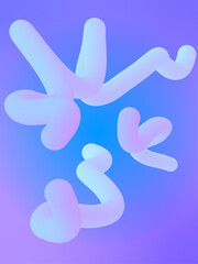 Three 3D fluid purple-cyan greadient curvy shapes flying against the radial gradient blue-violet background; a vertical vector illustration for modern futuristic geometric abstract designs.