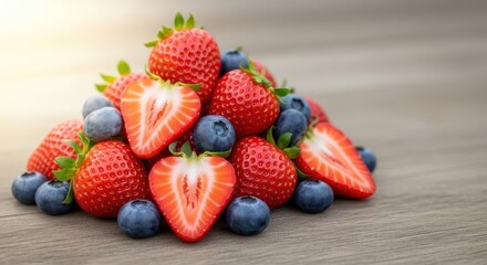 Appetizing arrangement of fresh strawberries and blueberries on wooden surface