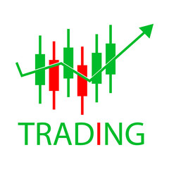 Green upward trend line crossing red and green candlesticks trading silhouette