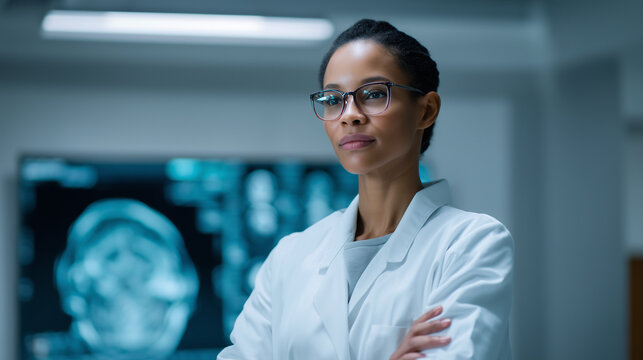 A modern hospital diagnostic room featuring a confident Black female neurologist or neurosurgeon wearing a white lab coat and glasses, standing thoughtfully in front of a large dig