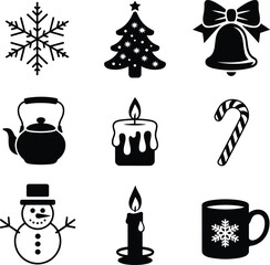 winter, christmas, holiday, festive, illustration, vector, design, decoration, ornament, snowflake, tree, bell, candle, candy, snowman, mug, kettle, celebration, icon, style