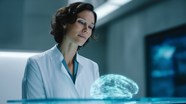 A futuristic neuroscience laboratory where a doctor or scientist in a sleek lab coat analyzes a glowing 3D holographic brain projection floating above a transparent digital console