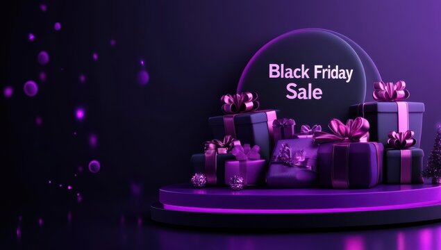 Elegant Black Friday sale podium with glowing purple accents and gift boxes. Modern design ideal for promotional events, showcasing a festive atmosphere and holiday charm.