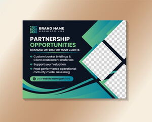 Business partnership advantages basic principles horizontal landing web page banner with flat vector illustration. green gradient element with space for photo collage isolated on black background.