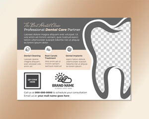 Horizontal flyer design template for professional dental care partner. tooth shape for space for photo. Combination grey and brown colors isolated on white background use with infographic