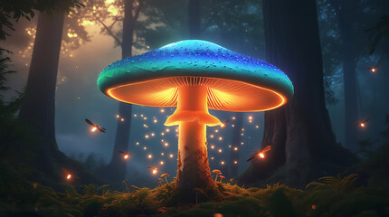 Enchanted forest mushroom glowing with magical light