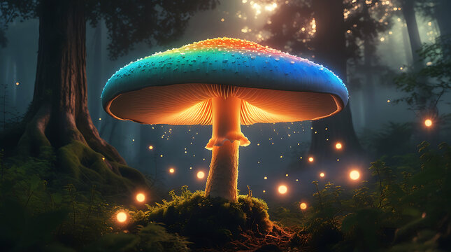 Enchanted forest mushroom with glowing lights - Powered by Adobe