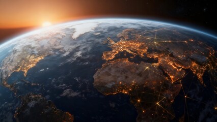 Global Network Connections Around Planet Earth at Sunrise