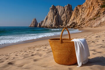 Woven beach bag with white towel on sandy shore with ocean and cliffs
