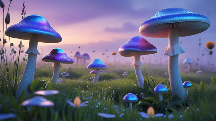 Enchanting fantasy landscape with glowing mushrooms at twilight