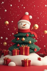 Festive Christmas tree with snowman topper surrounded by gifts and ornaments in a vibrant red holiday setting