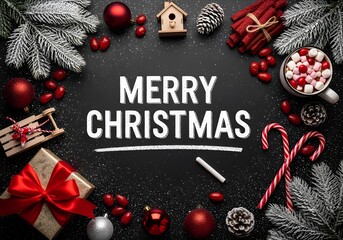 The words MERRY CHRISTMAS are hand-written in bold, white chalk lettering, with a chalk underline and a piece of white chalk resting nearby