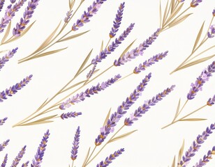 Seamless Pattern of English lavender flowers drifting in wind on white background.