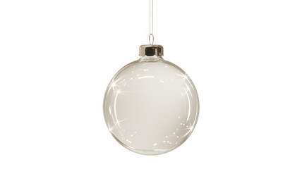 christmas ball bauble glossy transparent glass blank christmas silver hanging from top upright 3D rendering isolated
