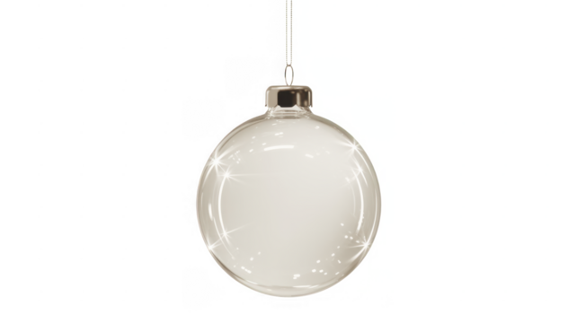 christmas ball bauble glossy transparent glass blank christmas silver hanging from top upright 3D rendering isolated
