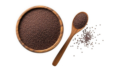 Black mustard seeds in bowl isolated on transparent background, top view