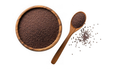 Black mustard seeds in bowl isolated on transparent background, top view