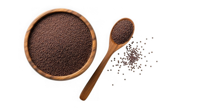 Black mustard seeds in bowl isolated on transparent background, top view