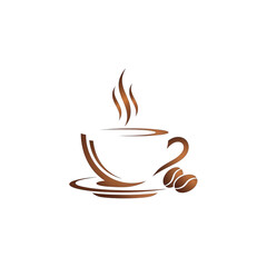 Obraz premium Stylized coffee cup illustration with steam rising on a black background for design elements