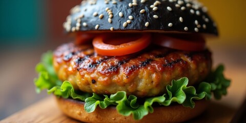 Gourmet plant-based burger close-up. Delicious juicy vegan patty with smoky grill marks and sauce on a black sesame bun. Healthy vegetarian fast food.