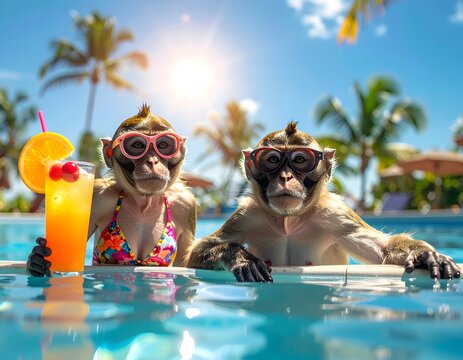 Romantic Monkey Couple Relaxing in Tropical Pool with Sunglasses and Drinks (Luxury Vacation)