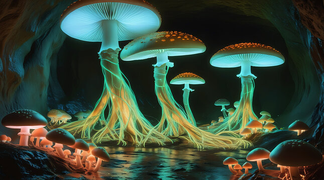Bioluminescent mushrooms glow in a mystical forest with reflective water