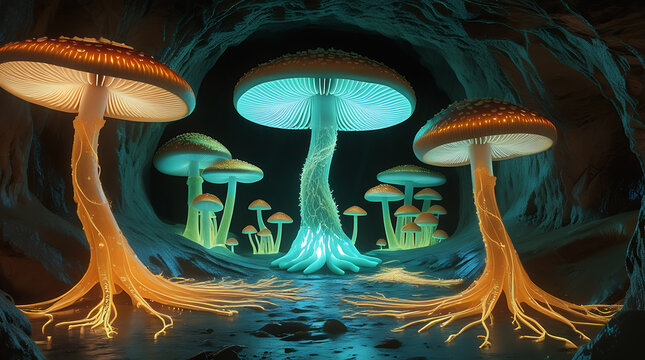 Enchanting bioluminescent mushrooms in a dark mystical forest