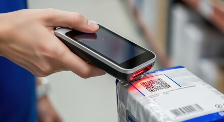 Scanning parcel qr code with handheld barcode scanner in warehouse setting