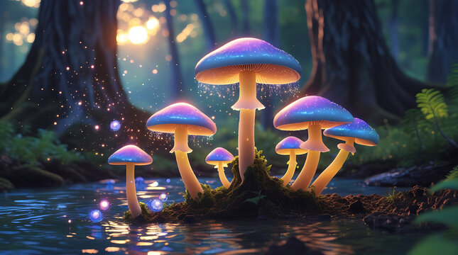 Enchanted forest mushrooms glowing mystically by a stream - Powered by Adobe