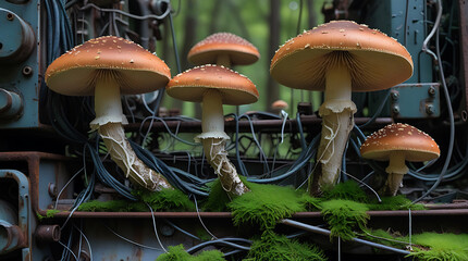 Surreal amanita mushrooms growing on industrial debris