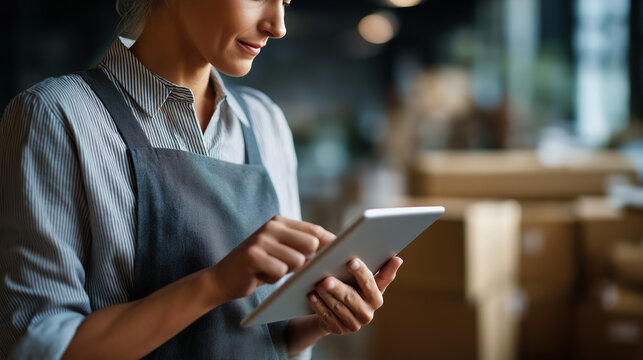 Faceless small business woman using tablet for e commerce defocused warehouse background with boxes startup and inventory management online shop logistics entrepreneur managing