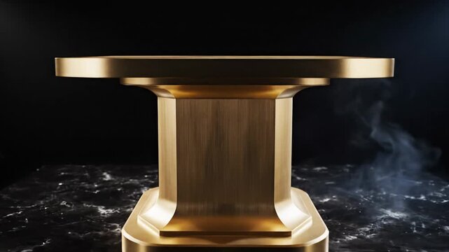Elegant metallic gold podium on dark black background with subtle spotlights from both sides; glossy reflection and soft smoke effect; luxury branding look.
