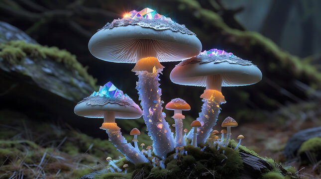 Magical bioluminescent mushrooms glowing in a dark forest - Powered by Adobe