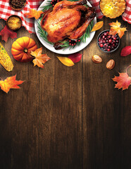 Turkey Fall Leaves, Rustic Brown Wooden Background, Thanksgiving Food Platter, Dinner, Restaurant