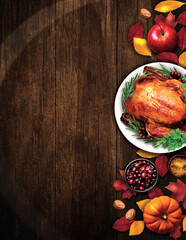 Turkey Fall Leaves, Rustic Brown Wooden Background, Thanksgiving Food Platter, Dinner, Restaurant