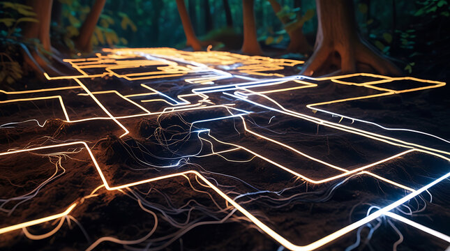 Glowing circuitry path through an enchanted forest