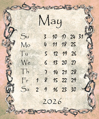 Vintage style monthly calendar 2026 year poster