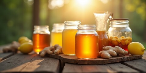 Homemade kombucha brewing in a mason jar with fresh ginger and tea. Healthy fermented probiotic drink on a wooden background in morning light.