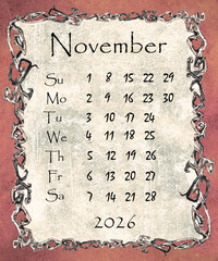 Vintage style monthly calendar 2026 year poster