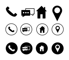 Minimal Black and White Communication and Navigation Icon Set – Phone, Chat, Home, and Location Symbols