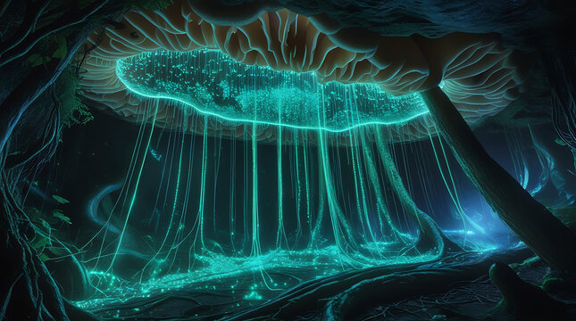 Bioluminescent fungi cave with glowing threads - Powered by Adobe